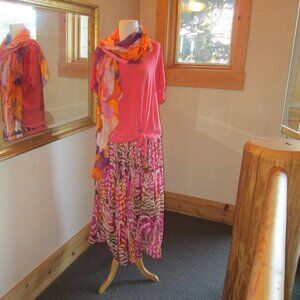 Vintage Short Circuit Bright Broomstick Skirt, Apricot Buffalo Top, Scarf OS